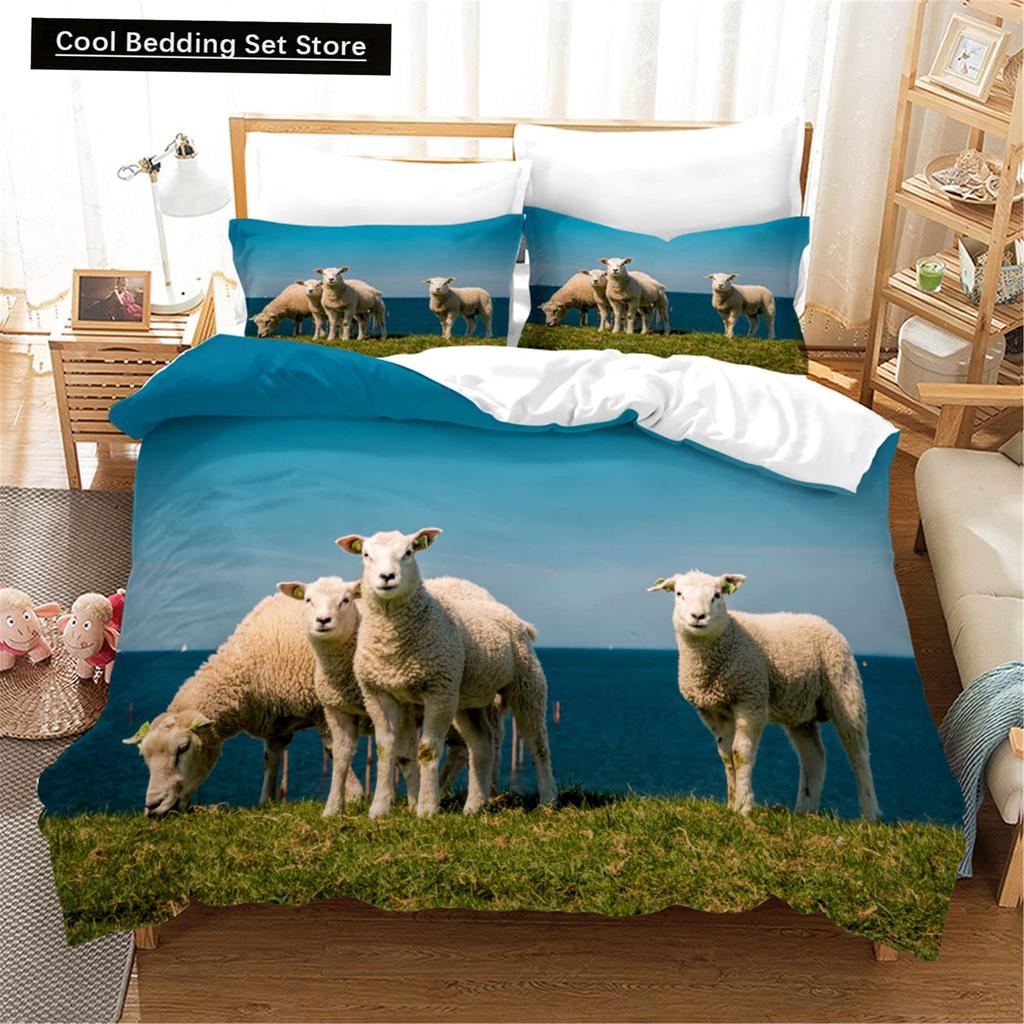 Funny Sheep King Queen Bedding Set Kids Farm Animal Duvet Cover White Little Lamb Comforter Cover 2/3pcs Polyester Quilt Cover