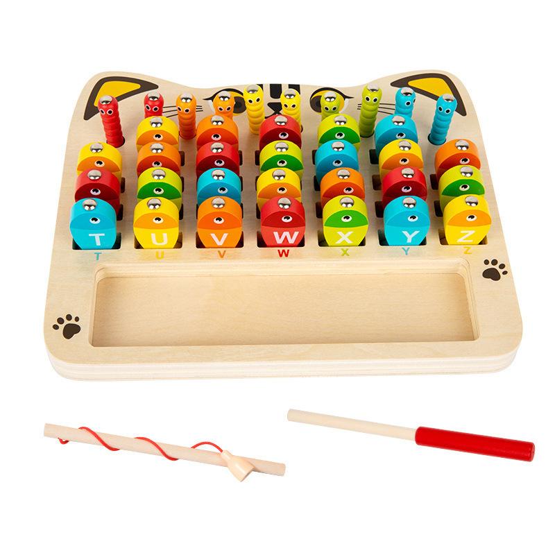 Wooden Children's Early Education Puzzle Toddler Fishing Exercise Hand-Eye Coordination Magnetic Numbers Alphabet Catching Insects Fishing Toys