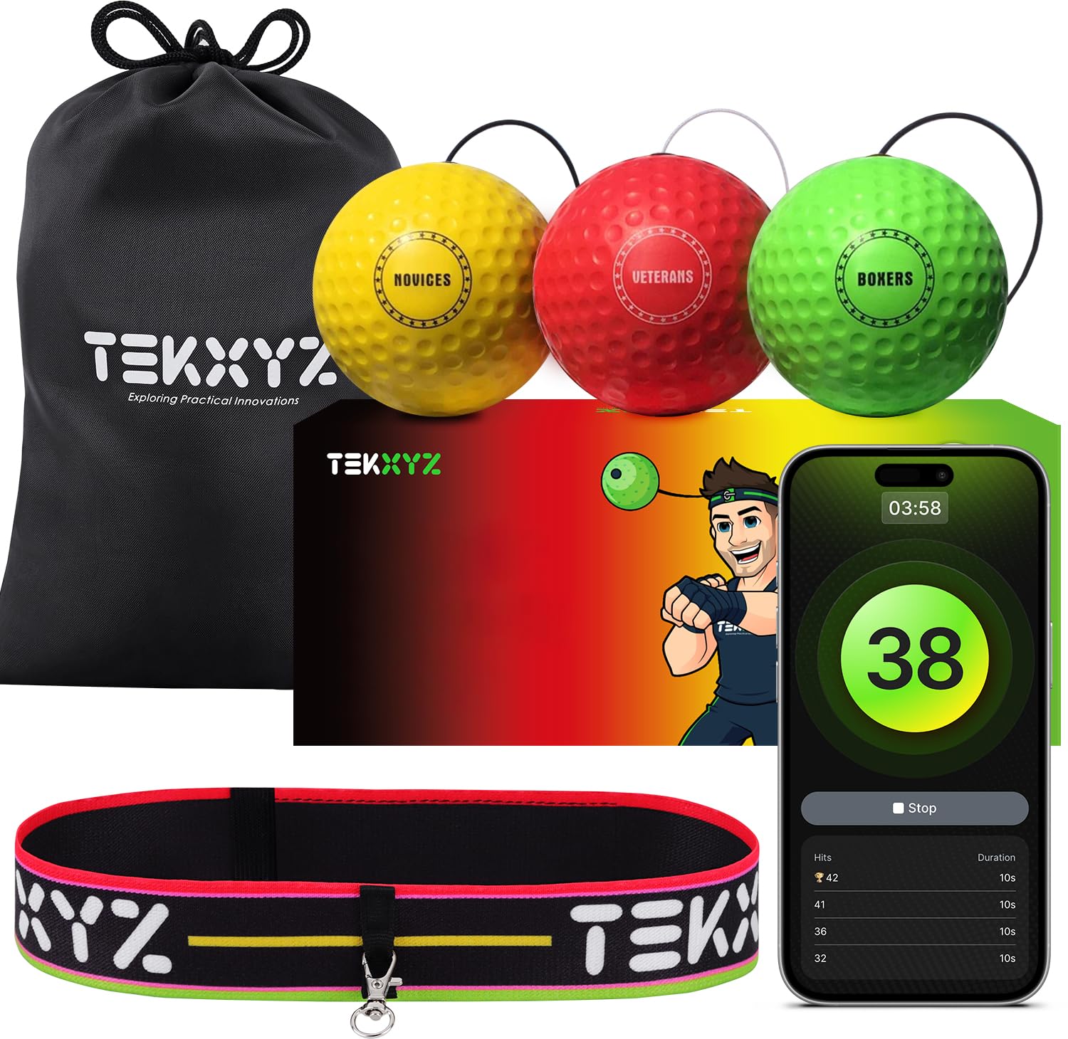 

TEKXYZ Боксерский мяч-груша Набор из 3-х мячей для тренировки реакции - Совместимость с тренировками, связанными с приложением - Функции сообщества - Бокс - Скорость реакции, Динамическая острота зрения, Rh