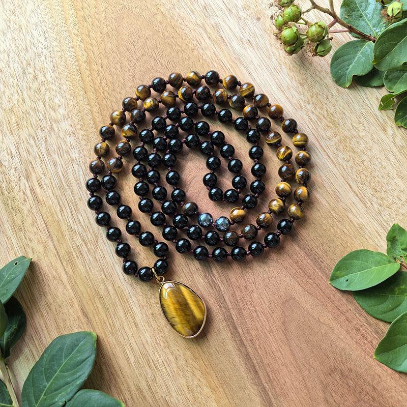 Black Onyx,Terahertz Mala Necklace,Tiger s Eye Pendant,108 Knotted Beads Meditation Mala,Healing Crystals Yoga Jewelry Gift