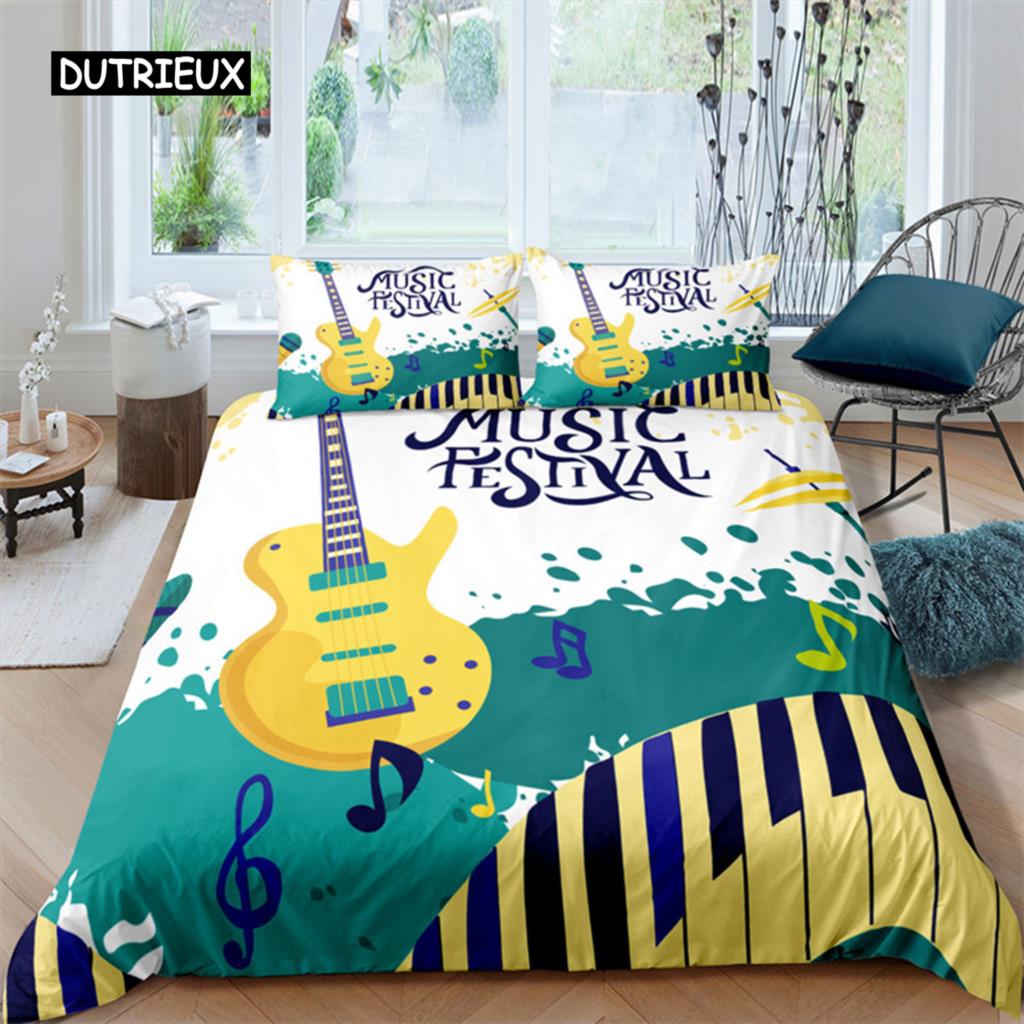 Guitar Queen Duvet Cover Rock Music Theme Bedding Set Grunge Color Splashed Brick Wall Background Electronic Guitar Mics Design