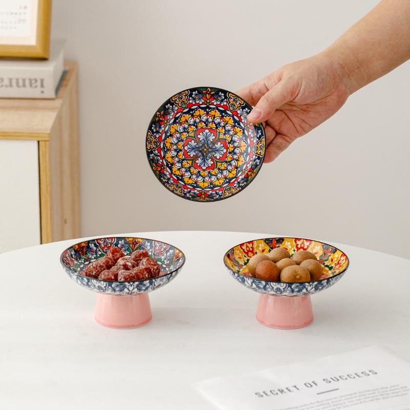 Retro Chinese Refreshments Tray Kitchen Organizers Tall Fruit Tray Chinese Snacks Dried Fruit Bowl Ceramic Decorative Tray Gift
