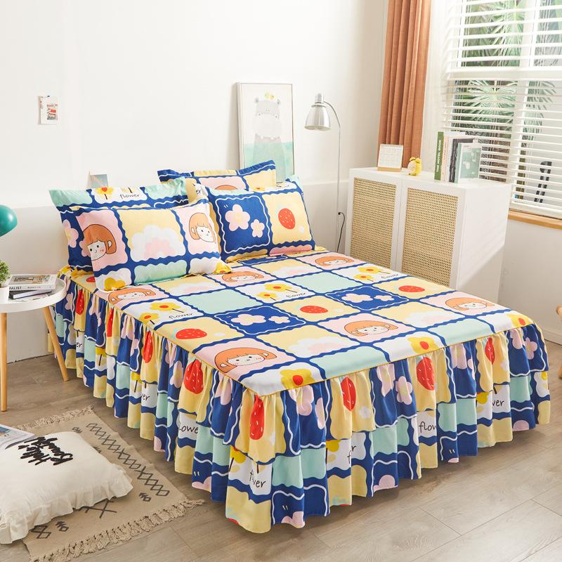 3pcs Modern Korean Floral Bed Skirt Set with Lotus Leaf Embellishments and Princess Floral Pattern, All-Season Brushed Light Beige-Friendly Bedding