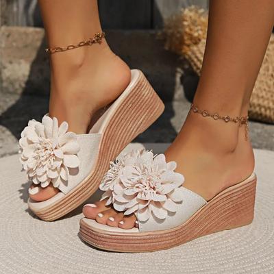 European American Slope Heel Slippers 2024 Summer New Flower Decoration Square Head One Word Large High Heel Women's Slippers