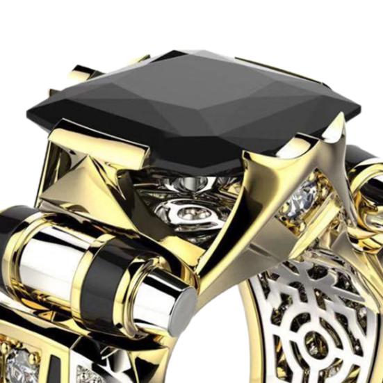 Women Ring Faux Square Crystal Two-tone Vintage Cool Punk Gift Hollow Bling Cubic Zirconia