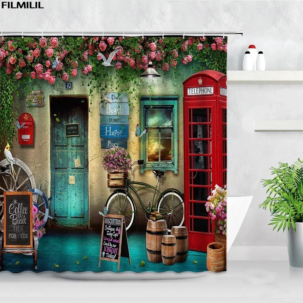 London Street View Shower Curtains Big Ben Red phone Booth Bus Printing Retro Wall Decor Cloth Screen Hooks Bathroom Curtain Set