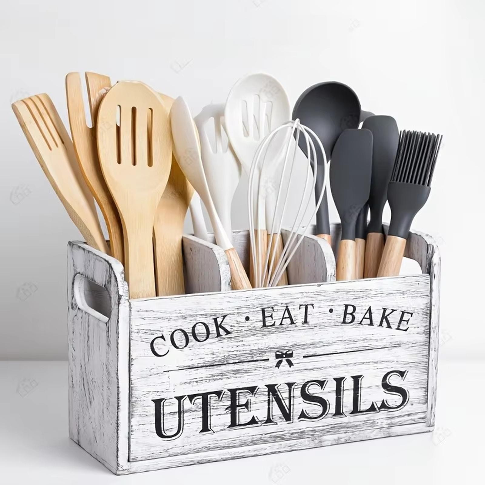 

Vintage Wooden Storage Box Portable Tableware Organizer Cutlery Tray for Restaurant Home Kitchen one size білий
