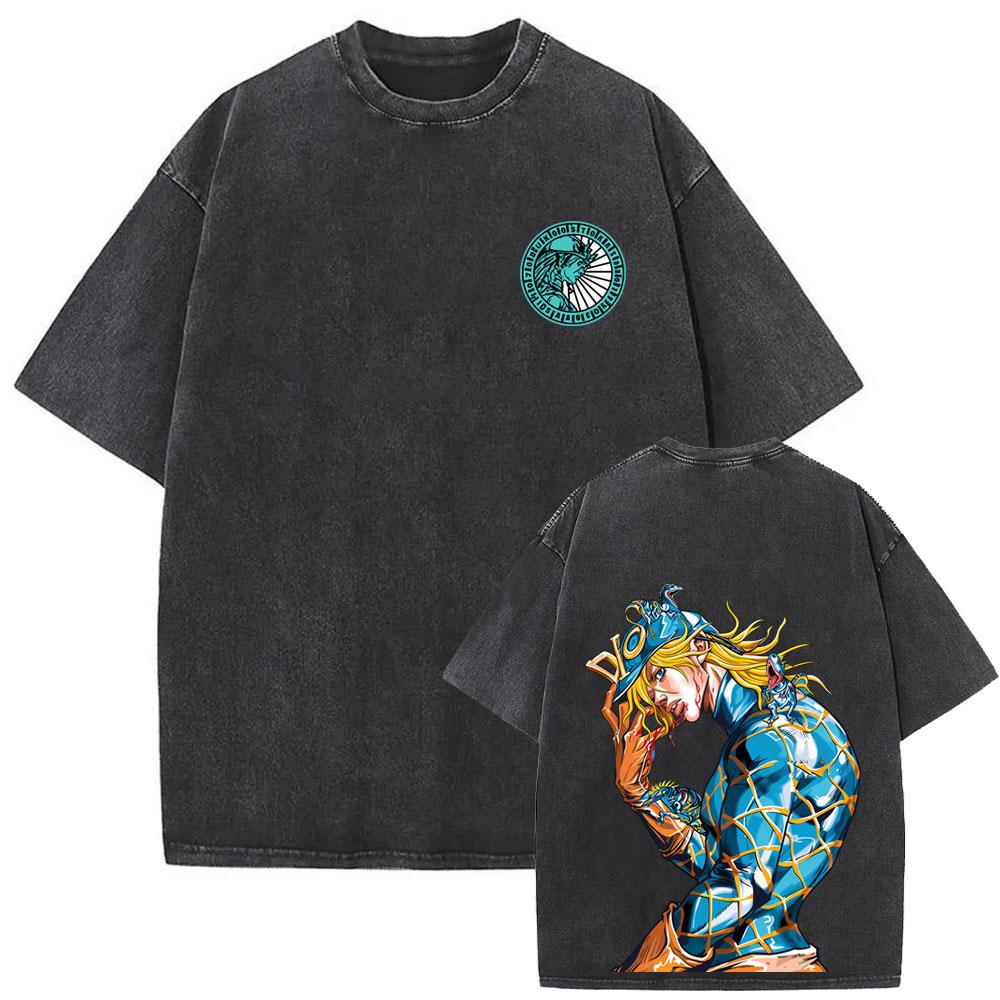Washed Vintage Anime Jojo Bizarre Adventure Steel Ball Run Diego Brando Graphic Tshirt Men Women Manga Retro Oversized T Shirts