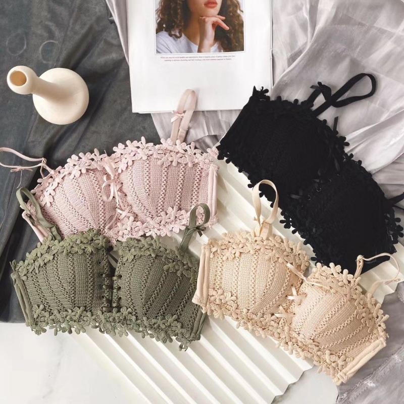 Soutien-gorge ajustable en dentelle brodée sans anneau en acier avec cordon de serrage et soutien supérieur et seins complémentaires pour femme Hotsweet