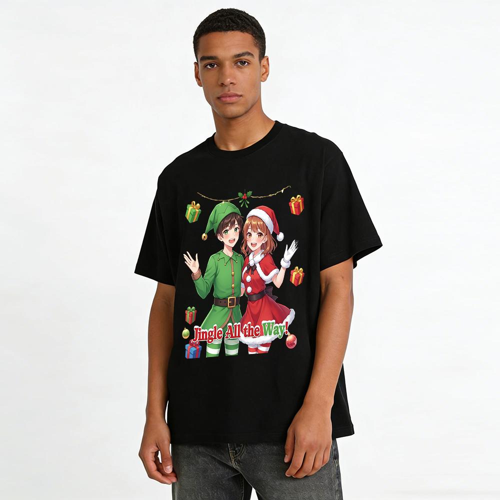 Christmas Themed Couple Printed Tops Elf Santa Claus Element Festival Casual Sweatshirts Pure cotton T-shirt