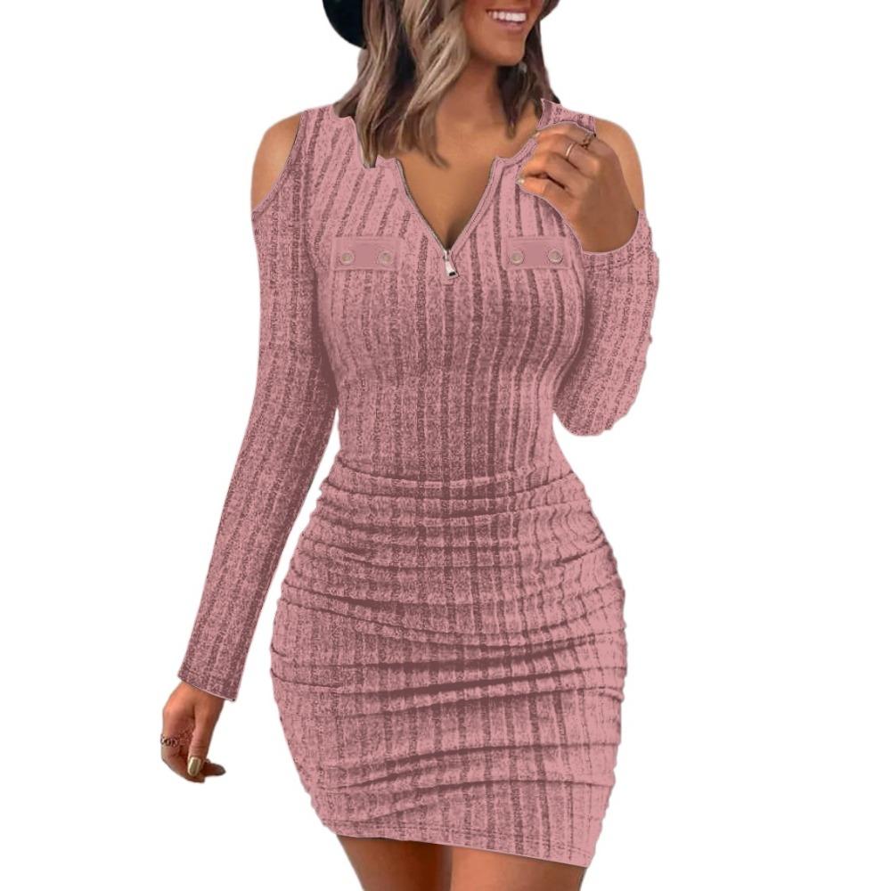 BITCED Women's Autumn and Winter Solid Colour Zipper V-Neck Tight Package Hip Slim Sexy Long Sleeve Dresses