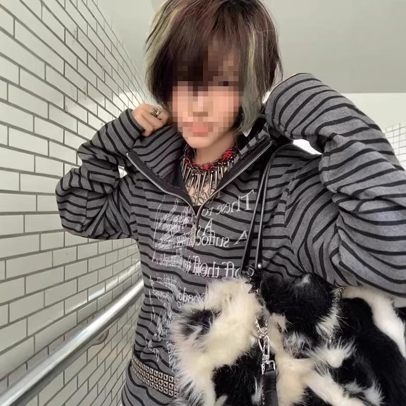 Gothic Dark Striped Zip Hoodie Slim Fit Short Y2K Couple Streetwear Top