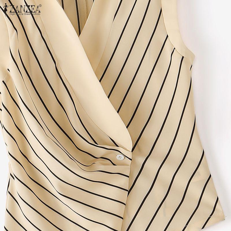 ZANZEA Blusa da Donna Elegante a Maniche Corte con Collo a Revers e Stampa a Righe Casual