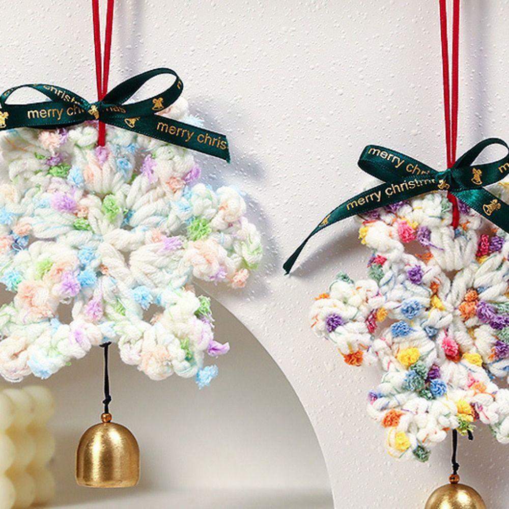 Hand-knitted Christmas Bell Pendant Creative Crisp Sound Crochet Snowflake Pendant Ribbon Bow 16cm Handmade Snowflake Charm