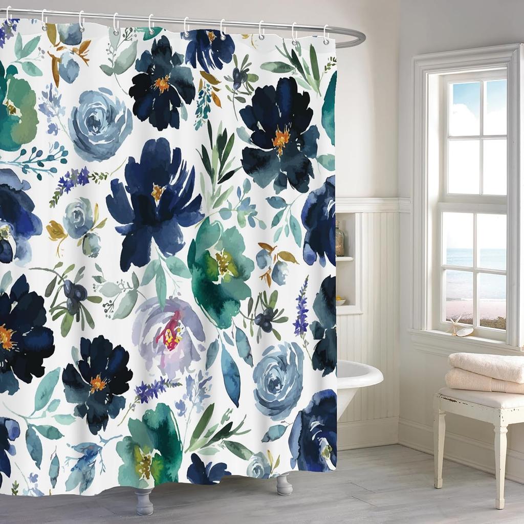 Blue Watercolor Floral Shower Curtain, Botanical Wildflower Design, Waterproof Polyester With Hooks
