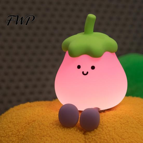 Cute Eggplant Night Light Light, Tap Touch Control Bedside Lamp, 3 Brightness Levels & Kids Bedroom Lighting Auto 30-Min Timer, USB Rechargeable