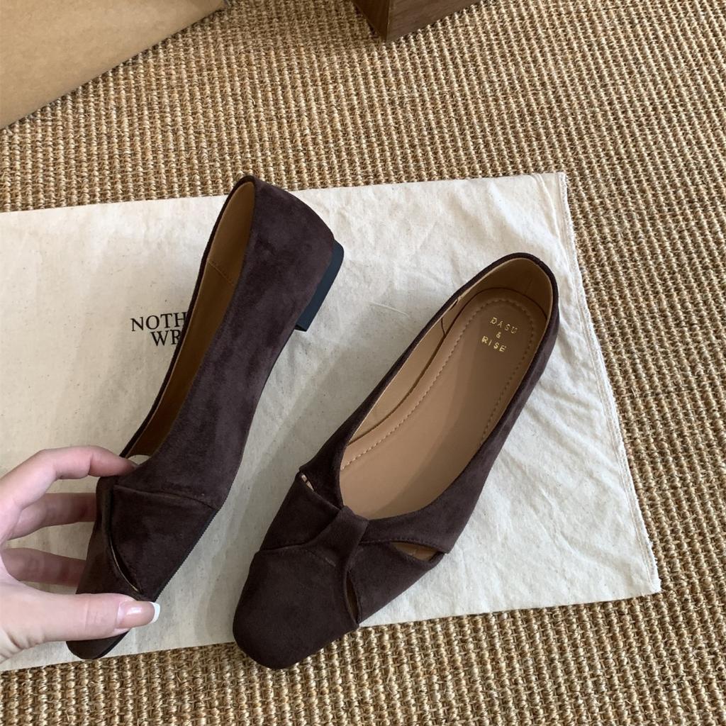 Flat Bottom Retro Suede Square Head Single Shoes Women's Shoes 2025 New Summer French Soft Sole Versatile Black Commuter Shoes