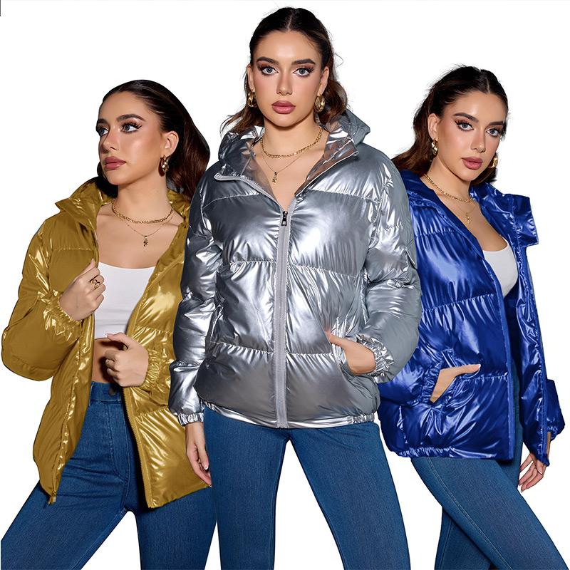 Winter Trendy Shiny Hooded Down Coat Women Long Sleeve Solid Color Slim Fit Cotton Warm Parkas Jacket
