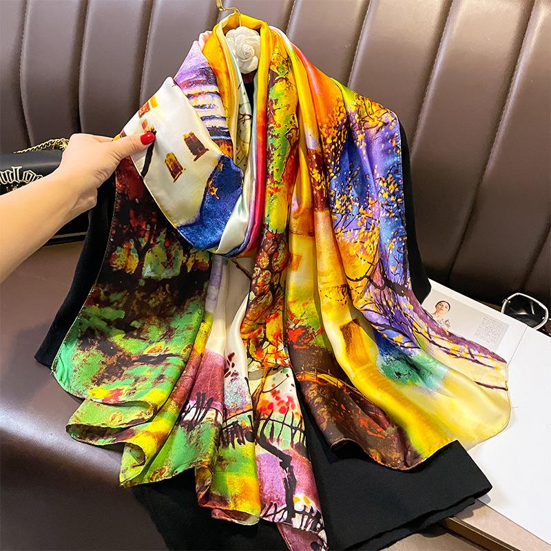 Painting Floral Design 100% Silk Feeling Scarf For Women 180X90Cm Shawl Wraps Luxury Female Hijab Headband Foulard Beach Stoles