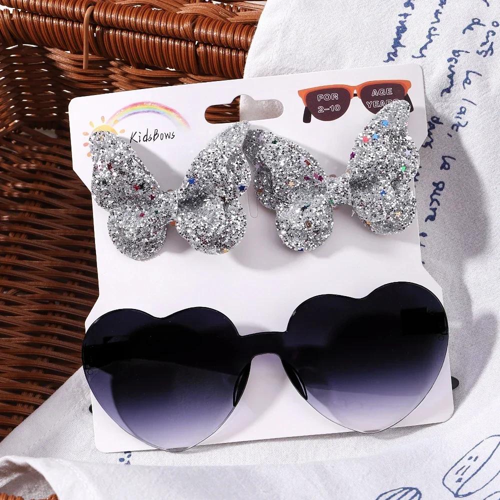 Lovely Sparkling Butterfly Hair Clip Hair Accessories Glasses Set Fashion Wave Point Kids Hairgripes Love Glasses Girls Headwear
