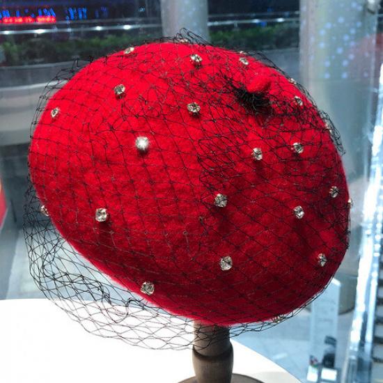 Женская беретка из смесовой шерсти, шляпка-фасцинатор с блестящими стразами и сеткой для чаепития, свадебная