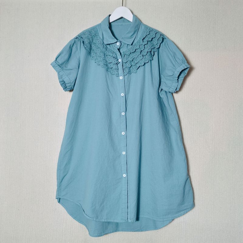 

Export Original Order Leftover Stock Pure Cotton Short-Sleeved Shirt for Women Pure Cotton Embroidery Lace Lace Mid Length Long Length Pure Color Tall Green All yards
