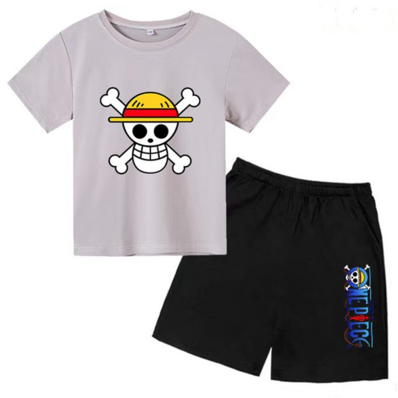 

Дитяча літня футболка з коротким рукавом для хлопчиків, дівчаток, малюків 3-12 років, аніме One Piece Луффі принт, топ + шорти 2 шт., милий, веселий, повсякденний костюм 140