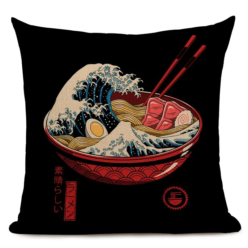 Japanese Style Decorative Cushion Cover Cute Japanese Ramen Tea Cat Octopus Pillowcase for Home Decor