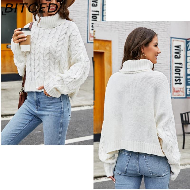 BITCED Chunky Cable-Knit Turtleneck Sweater Solid-Colour Casual Knitwear Women's Cropped Oversized Pullover