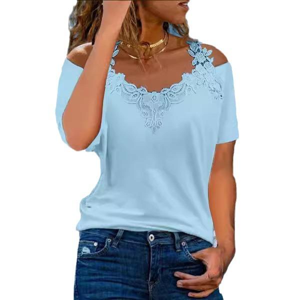 Summer Short Sleeve Sexy Lace Shirt Women Casual V Neck Loose T Shirt Ladies Hollow Off The Shoulders Sling Elegant Pullover Top