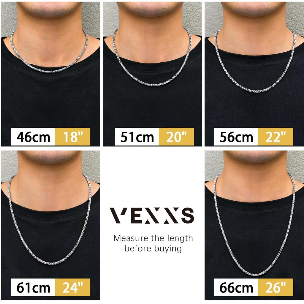 VEXS Venetian Chain Necklace for Men, 2mm Wide, 18K Gold Plated Box Chain, Unisex, 45cm, 50cm, 55cm, 60cm, 65cm (2mm White Gold Square, 55.00)