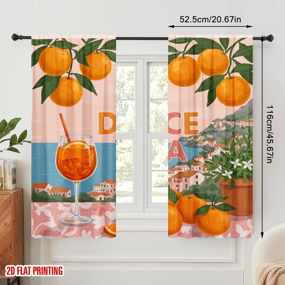 2pcs 2D flat printing Party Curtains La Dolce Vita Oranges Polyester Without Electricity Festive Holiday for New Year and