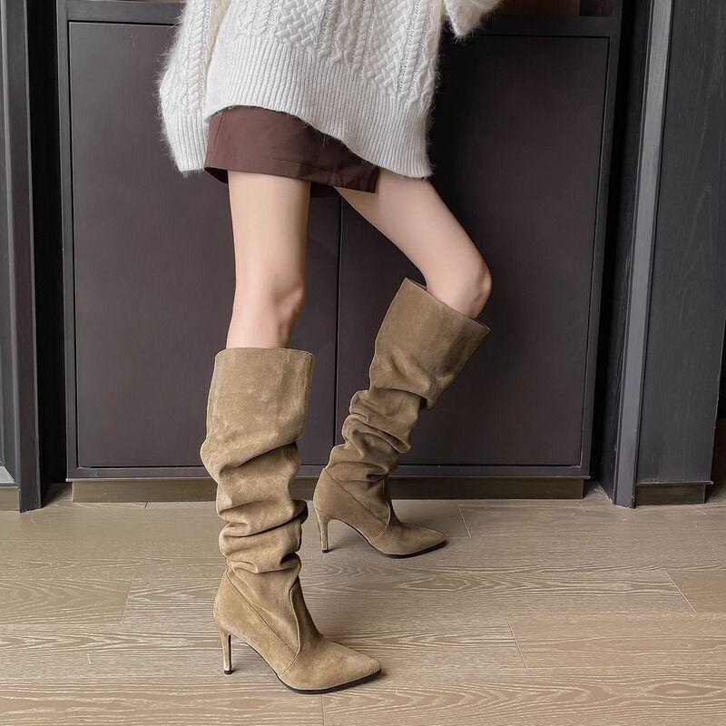 Cowboy Pile Boots Pointed Stiletto Boots Women's 2025 New Suede Super Long Tall Knee Khaki Boots