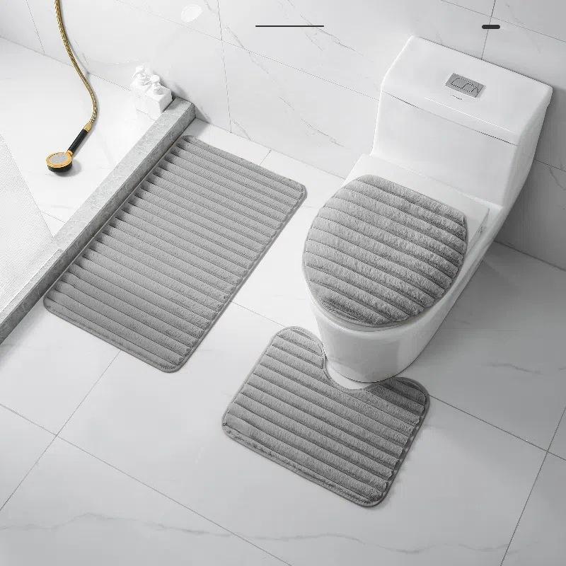 3Pcs Minimalist Style Plush Bathroom Floor Mat Set Non-slip Soft Doormat Water Absorbent for Bath Entry