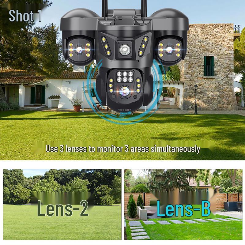 V380 Tri-Lens Home Monitor with Night Vision: 4G WiFi, Triple-Screen Surveillance Camera