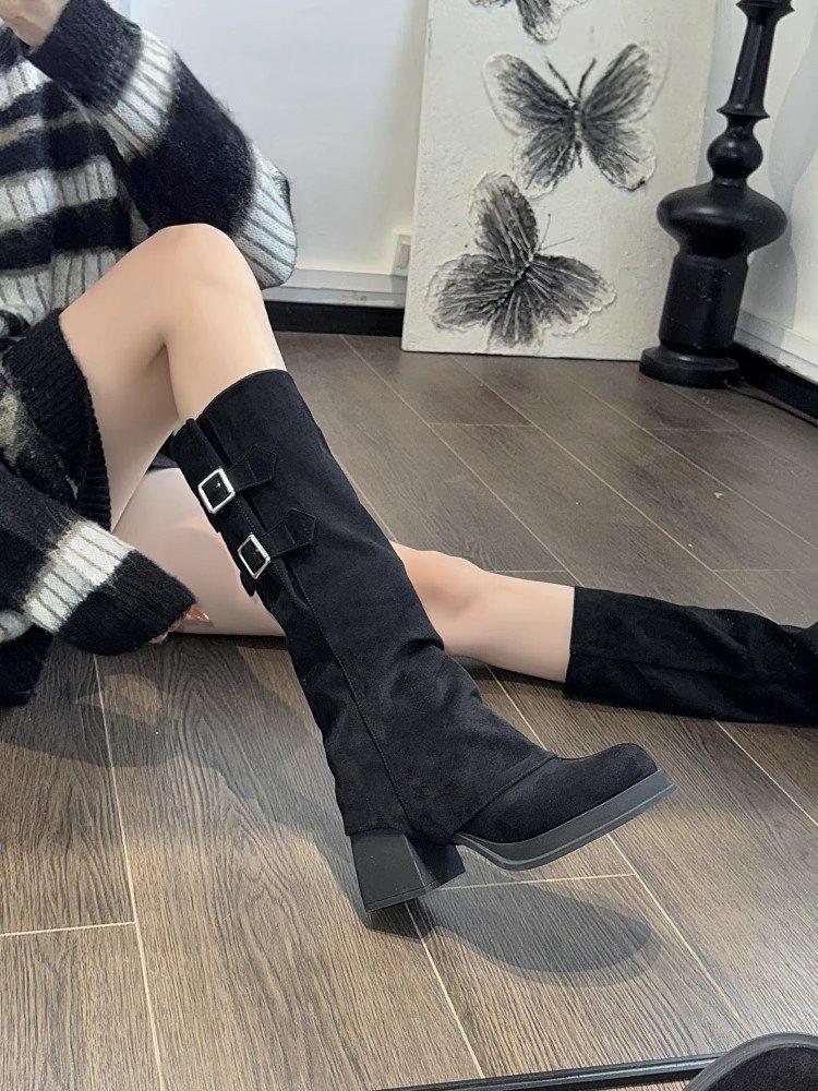 Pile Long Boots Two Wear Women's Boots 2025 Autumn and Winter New Heightening Trouser Boots Removable Thick Heel Thick Sole Knight Boots
