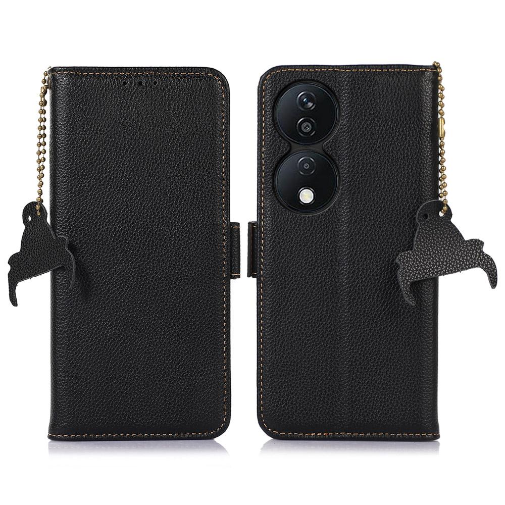

For Honor X7b 4G/90 Smart/Play 50 Plus 5G Genuine Cow Leather Case RFID Blocking Wallet Black