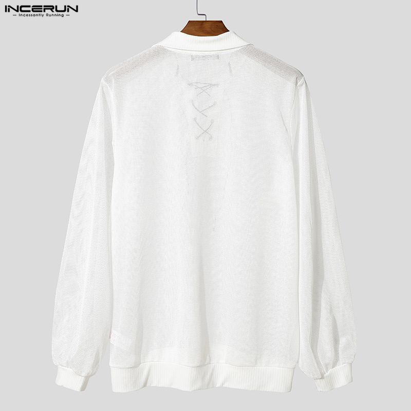 INCERUN Oversized Men Long Sleeve Hollow Bandage See Through Webbing Loose T-shirts Tops