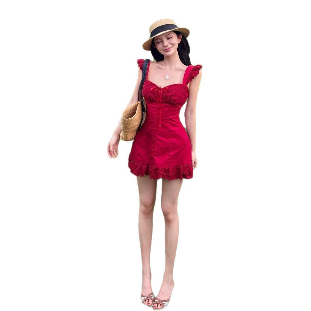 Wine Stained Roses, Small Flying Sleeves, Red Suspender Dress, Women's Summer Romantic Vacation Style Temperament Short Skirt