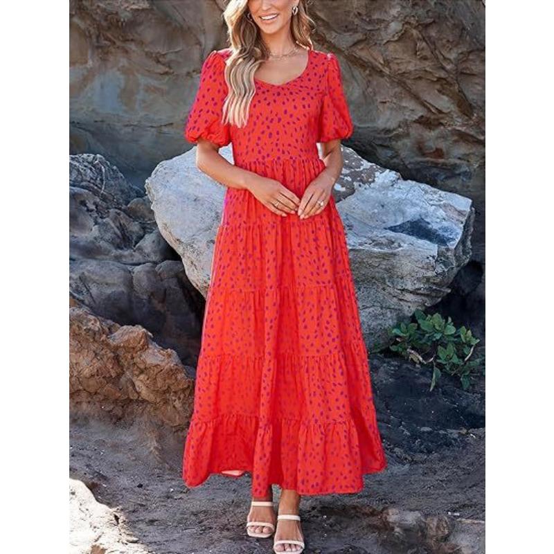 Damenbekleidung Puffärmel Kondensiertes Rückenscheiben-Druck Mehrlagiges Kurzarmkleid