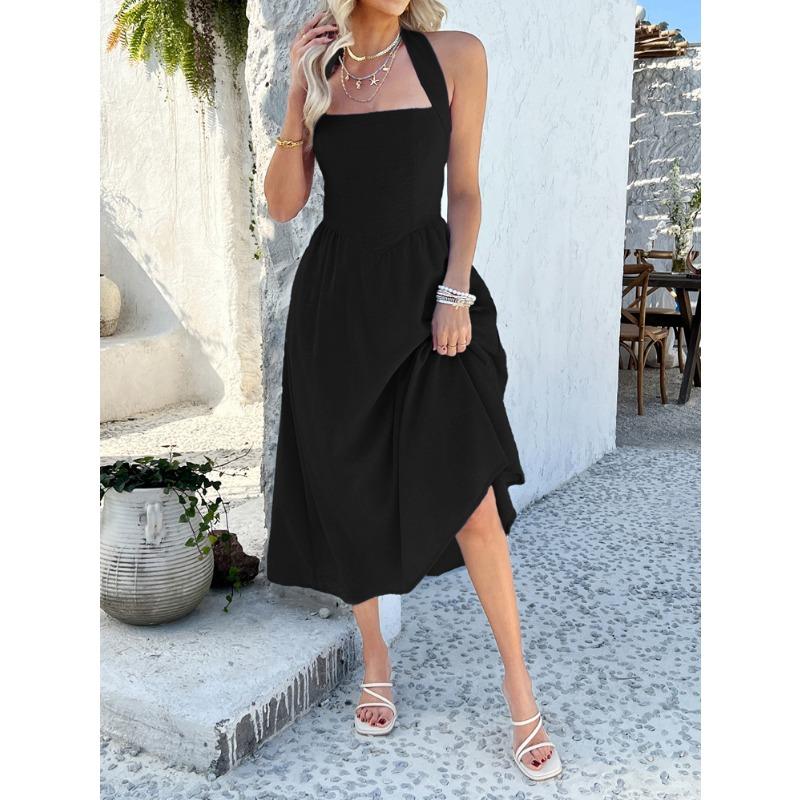 Women Vacation Style Solid Color High Waist Sleeveless Hanging Neck Long Dresses