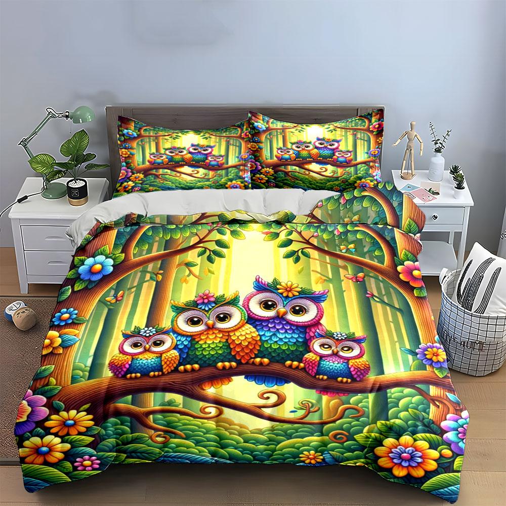 Bright owls and flowers. Bedding sets Duvet cover sets Duvet covers Pillowcases(1*Duvet Cover 2*Pillowcases without duvet insert)