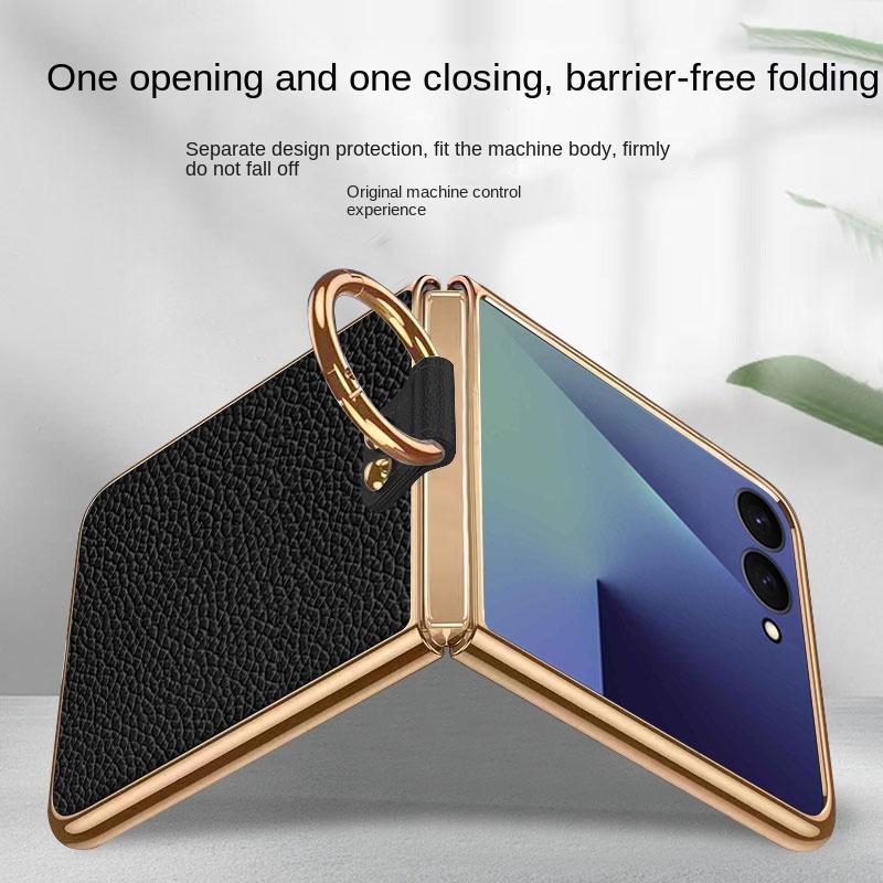 For Samsung Galaxy Z Flip 7 Case Luxury Litchi Leather Skin With Ring Protective Back Cover Case For Z Flip 7 Phone Shell