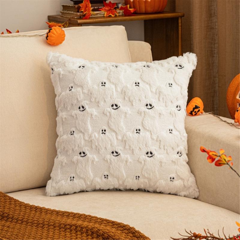 Spooky Themed Plush Pillow Cover Nursery Bedroom Decors Ghostly Pattern Throw Pillowcase for Sofa Couch Halloween Accessory