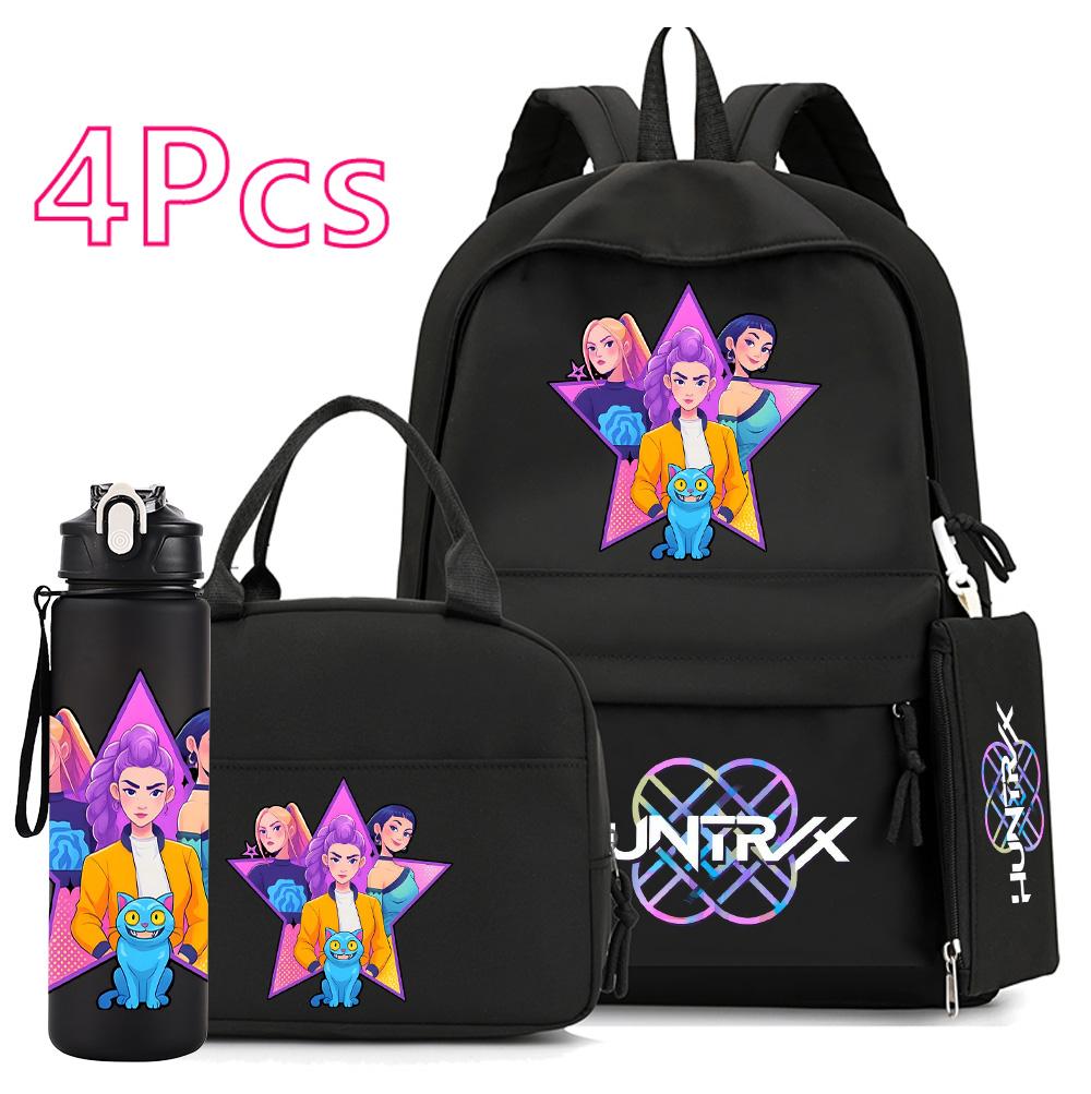 4Pcs/set Anime K-Pop Demon Hunters Printed 750Ml Water Bottler Backpack Handbag Pencil Case for Teenager Boy Girl Large Capacity Waterproof Schoolbag