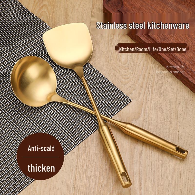 Gold-Plated 304 Stainless Steel Kitchen Utensil Set: Spoon, Spatula, Ladle, Skimmer, Wok Spatula, Rice Spoon, Slotted Spoon, Noodle Spoon