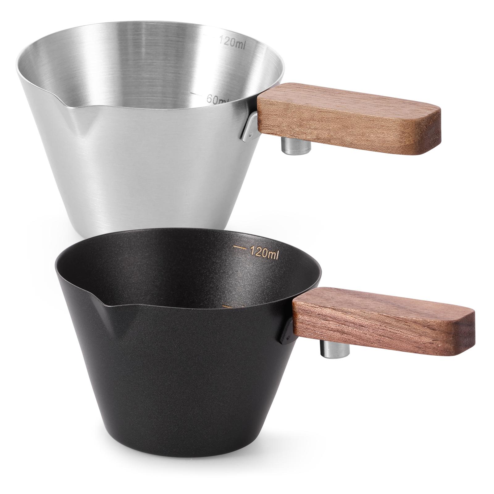 

2 шт. Мерный стакан для эспрессо 120 мл из нержавеющей стали, стакан для эспрессо-шота с деревянной ручкой и двойной шкалой для кухни, кофейни