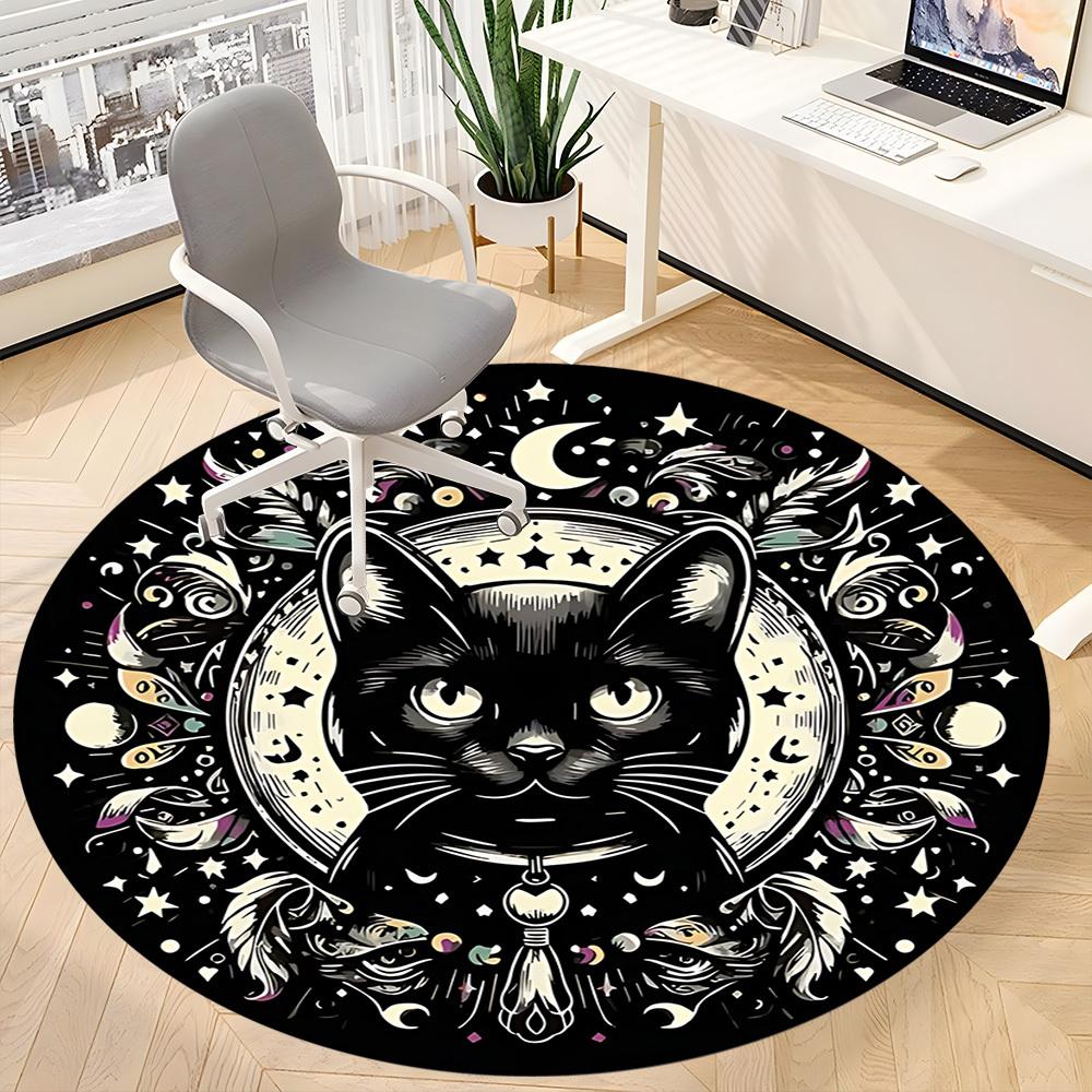 1 szt. Okrągły dywanik biurowy z kotem i księżycem, Mata odpowiednia do biura, Pod krzesła biurowe, Sypialni, Salonu, Wystroju domu, Dekoracja pokoju