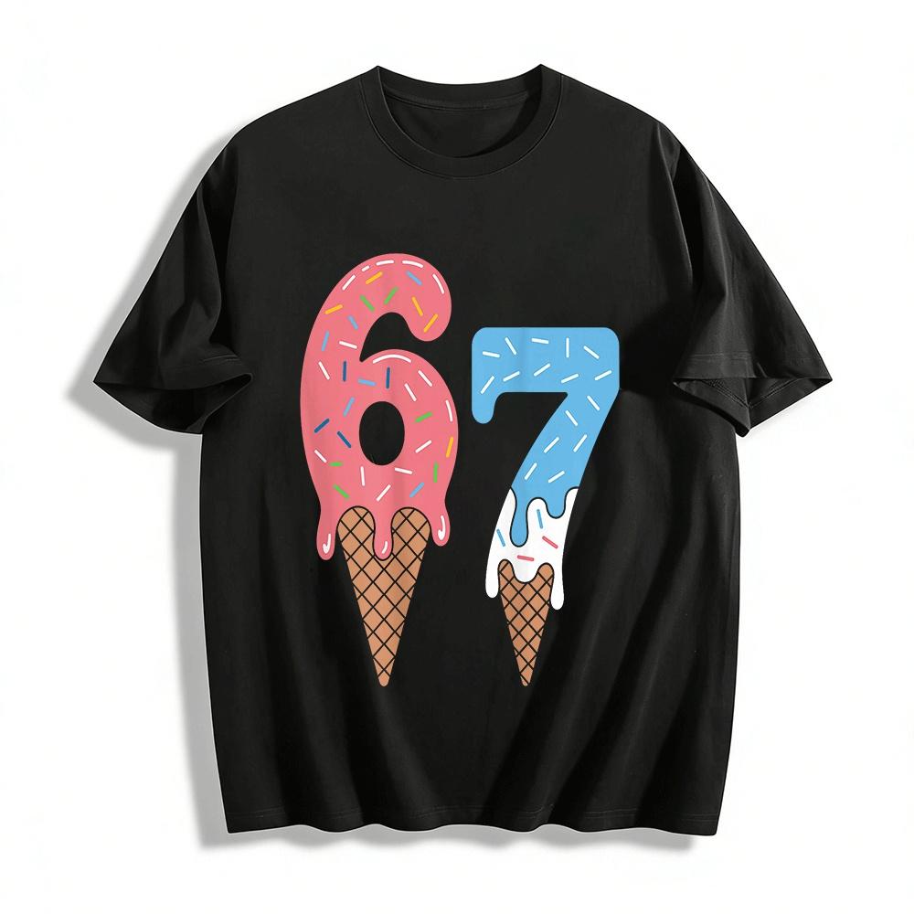 Ice Cream Cone Number 67 Print Casual Short Sleeve Top Pure cotton T-shirt XXS