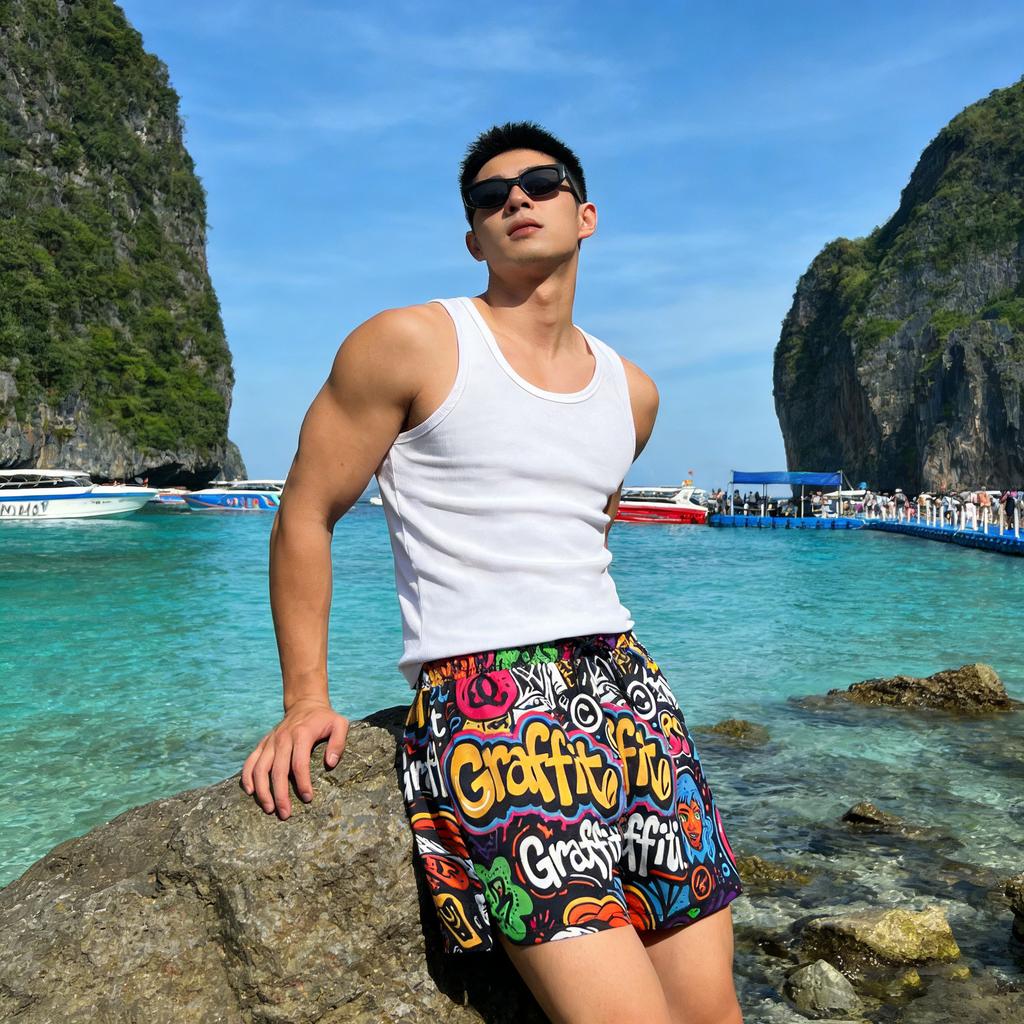 Men'S Beach Pants Printed Anti-Splashing Fabric Breathable Quick-Drying Straight Beach Pants Men